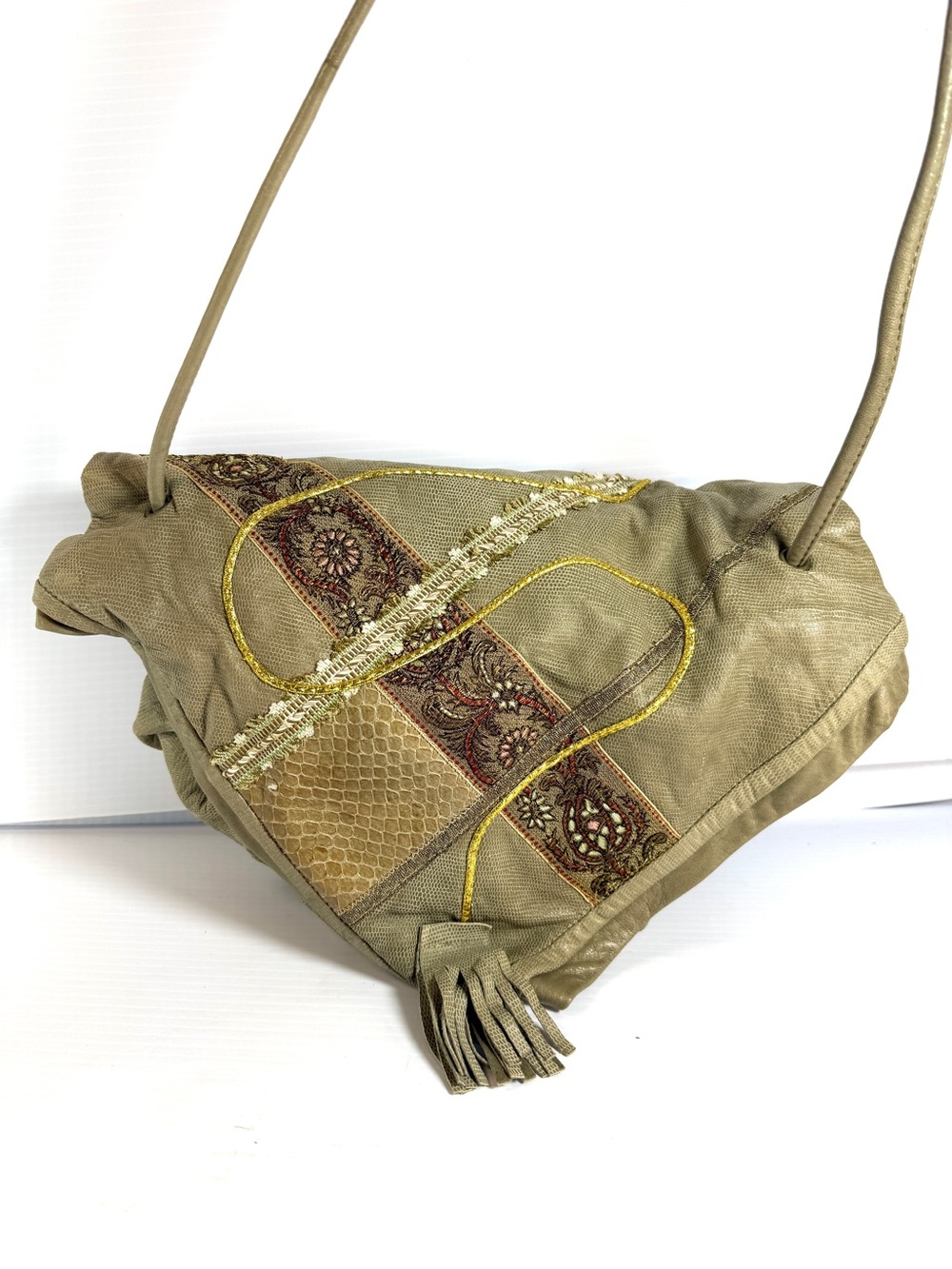 BEVY Embroidered Olive Patchwork Shoulder Bag